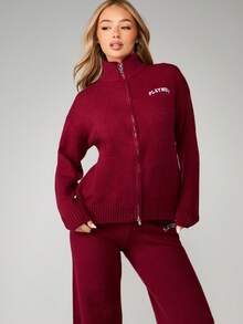 Missguided x Playboy Christmas Knit Zip Up Cardigan Wide Leg Trouser Matching Coord Set Autumn Winter Loungewear - Red Violet - View 3