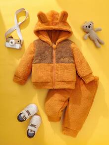 SHEIN Baby Boy Winter Clothing Yellow Zip-Up Hoodie Set Soft Fleece Fabric Cute And Playful Embroidery 3D Ear Tab Baby Clothes Sets - Yellow - View 2