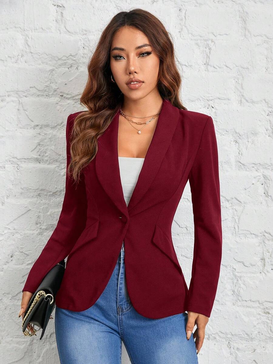 SHEIN PETITE Trang phục thu đông trơn màu dành cho nữ, thích hợp để đi làm. Áo khoác vest một nút, Giáng sinh cho nữ, năm mới, thu/đông - Màu Đỏ Sâu - Xem 1