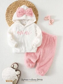 Cozy Pixies 女宝宝可爱休闲撞色连帽衫套装，蝴蝶结装饰套装，迷你套装，萌趣套装，适合冬季、秋季，连帽卫衣套装，粉色蝴蝶结连帽套装，女宝宝冬季服装，迷你刺绣套装，舒适休闲女宝宝套装，女宝宝蝴蝶结套装，返校季、日常穿着、圣诞节、万圣节 - 粉色 - 查看 3