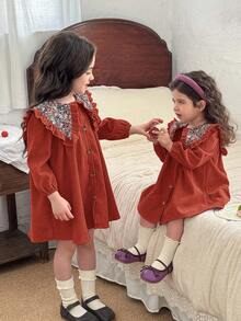 LMoss Kids Baby Girl Woven Patchwork Floral Peter Pan Collar Casual Dress