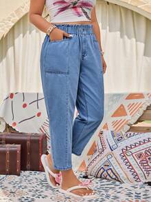 SHEIN LUNE Plus Size Fashion Casual Washed Elastic Waist Cropped Pants - Light Wash - View 3