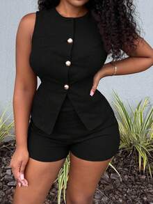 Alexandranx 2pcs Women Elegant Suit Set: Round Neck Vest And Shorts Linen Set Women Short Sets Women 2 Pieces Short Sets Women Linen Short Sets Women Black Linen Shorts Set Women Two Pieces Linen Set Linen Short For Women 2 Pieces Linen Summer Set In Fall/Winter - Black - View 5