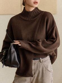 Dazy-Less 女士宽松商务休闲时尚棕色街头风优雅斜襟高领针织毛衣，适合秋冬季、新年、圣诞节穿着 - 棕色 - 查看 1