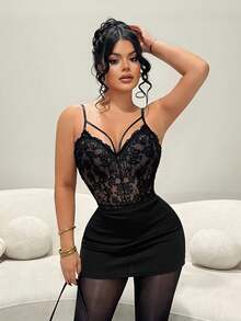SHEIN SXY 时尚黑色蕾丝吊带性感透视连体衣 - 黑色 - 查看 7