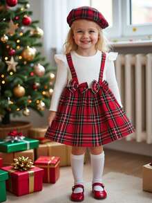 Souflis Souflis Vestido Infantil Francês Retrô Novo Elegante Clássico Xadrez Vermelho com Branco de Manga Longa em Tricô 2 em 1, Sofisticado e Fofo para Passeios, Reuniões, Festas e Outras Ocasiões - Multicolorido - Visão 4