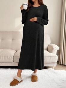 SHEIN 秋冬季孕妇休闲纯色长连衣裙 - 黑色 - 查看 3