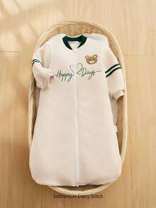 Cozy Pixies 1-Piece Baby Warm Velvet Long-Sleeved Embroidered Love English Bear Head Sleeping Bag Is Suitable For Autumn And Winter, Spring And Summer Wear - Rice apricot - View 4