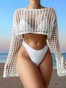 Swim Vcay 夏季沙灘女士挖空下肩長袖上衣，鬆身披風蓋衫 - 白色 - 查看 3