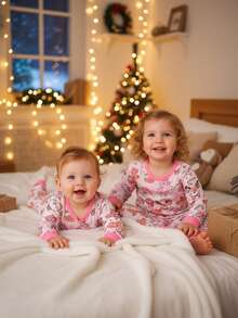 2pcs Girls Christmas Tree Print Long Sleeve Snug Fit Pajama Set, Pink Girls Christmas Pajamas Matching Pajama Set For Kids Gingerbread Pajamas - Baby Pink - View 4