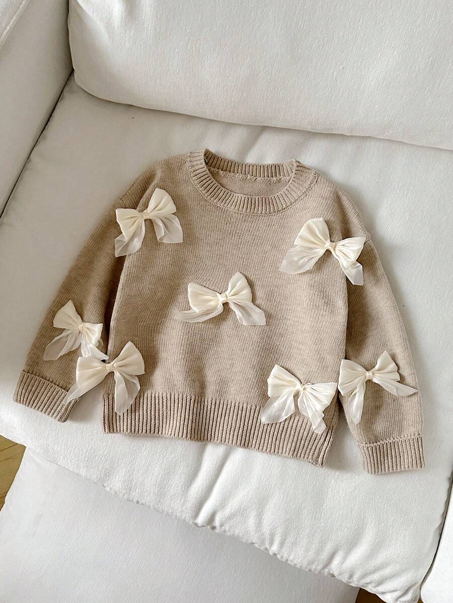 Genkimix Kids Girls'Solid Color Fashionable Sweet Bow Round Neck Sweater,Cute Beige Autumn Birthday Clothes For Kids,Back To School Outings Gathering Knitwear - Apricot - View 1