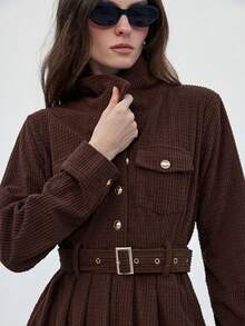 Aveloria Modichic Metal Buckle Dual Pocket Long Sleeve Dress, Fashionable Commuter Style, Long Business Dress For Women, Autumn