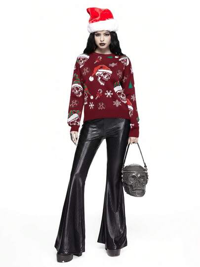 Goth Pull-shirt à imprimé tout-sur-tout crâne sombre et couronne de Noël