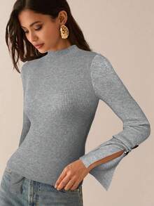 Lilora Long Sleeve Slit Metal Decor Bodycon Sweater In Fall/Winter - Grey - View 6