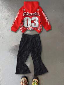 SHEIN 2pcs/Set Boys Casual Loose Comfortable Thickened Hoodie And Flared Pants Set, Suitable For Autumn/Winter - Multicolor - View 2