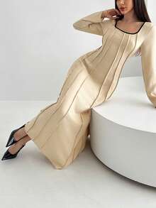 Aloruh New Linen Square Neck Trim Contrast Color Women's Long Skirt, Long Sleeve Slit Pleated Waist A-Line Skirt, Elegant Long Skirt, Women's Sundress Vacation Wear, Imitation Linen Flowing Long Skirt, Business Casual Women's Wear, Autumn And Winter Women's Wear - Apricot - View 1