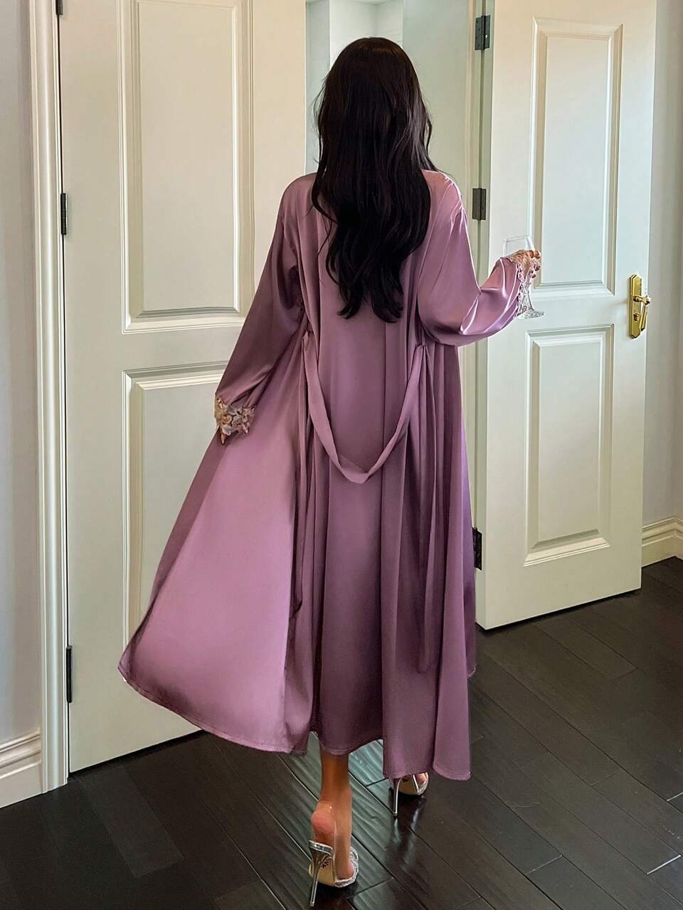 Romantic Embroidered Lace Trim Satin Patchwork Camisole Top & Long Gown Sleepwear Set For Women, Fall & Winter Clothes