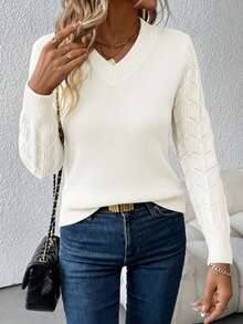 SHEIN Clasi 女士V领长袖毛衣，秋冬季长袖上衣 - 白色 - 查看 7