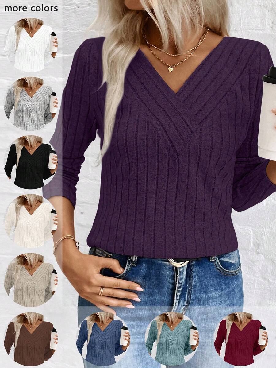 EMERY ROSE Áo len nữ cổ chữ V LUNE dệt kim gân, hàng mới cho thương mại điện tử xuyên biên giới, Thu/Đông - Màu tím - Xem 1