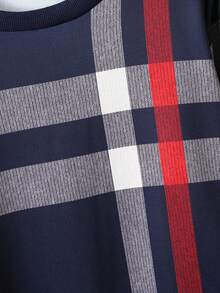 SHEIN 2 件幼儿男童时尚休闲格子印花运动衫和直筒裤套装，包括海军蓝格子运动衫 + 卡其色裤子，适合春季、秋季和冬季 - 彩色 - 查看 7