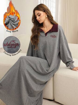 Mulvari Women's Gray Knit Sweatshirt Dress With Collar, Letter Embroidery, Straight Silhouette, New Fashionable Loose Fit