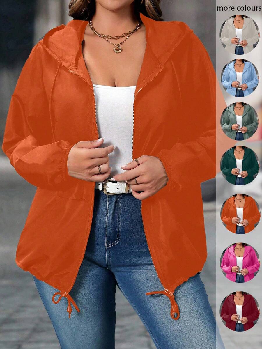 EMERY ROSE Plus Size Women Casual Solid Color Minimalist Zip-Up Hoodie Jacket