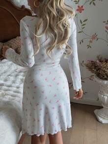 CottageSlumber Women's Romantic Ditsy Floral Pattern Bow Decor Nightgown, For Fall & Winter - Multicolor - View 3