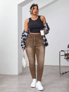 SHEIN EZwear 大码女式高腰口袋紧身休闲百搭牛仔裤 - 棕色 - 查看 5