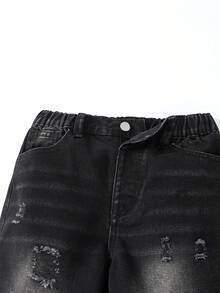 Calça jeans rasgada para meninos pré-adolescentes, jeans preto, estilo casual de rua, mistura de algodão confortável, adequada para uso diário, escola, passeios, temporada de volta às aulas, novidade - Preto - Ver 6