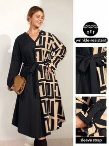 Momelise Damen V-Ausschnitt Farbblock Langarm Kleid, Lässig Wear - Verschiedenfarbig - Übersicht 1