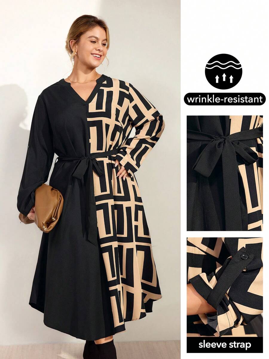 Momelise Damen V-Ausschnitt Farbblock Langarm Kleid, Lässig Wear - Verschiedenfarbig - Übersicht 1