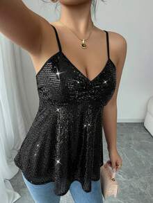 Rafferiza Fashionable Commuter Sexy Solid Color Beaded Camisole - Black - View 6