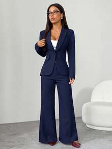 SHEIN PETITE Suitable For Commuting In Autumn And Winter. Black Single-Button Black Suit Jacket + Suit Pants Suit Suit Office Commuting Suit