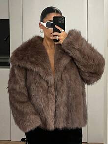 SHEIN ICON Women's Winter Large Lapel Open Front Faux Fur Jacket - Brown - View 1