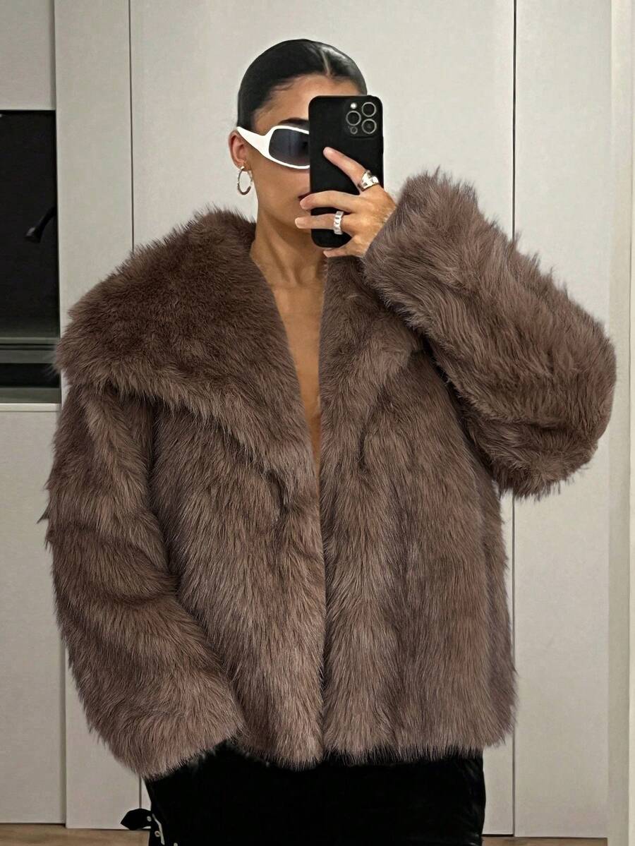 SHEIN ICON Women's Winter Large Lapel Open Front Faux Fur Jacket - Brown - View 1