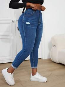 Firerie Plus Size Distressed Blue Denim Skinny Jeans - Medium Wash - View 6