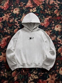 SWAVVY 男士休闲落肩星星刺绣连帽衫，秋冬 - 淺灰色 - 查看 6