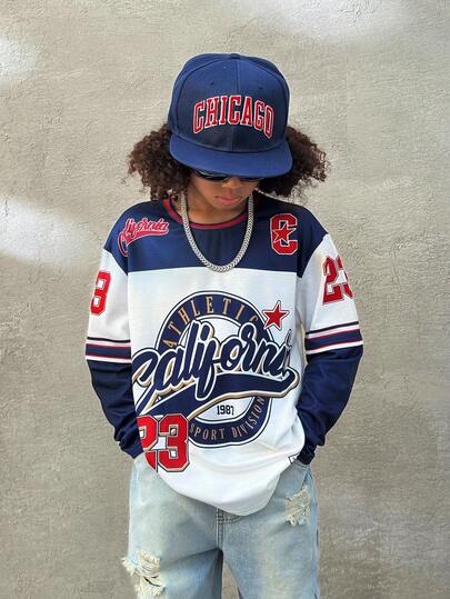 Coolane Kids Tween Boys Fall/Winter Streetwear Letter Print Contrast Color Round Neck Long Sleeve Casual T-Shirt  Los Angeles Jersey,Parent-Child Clothing,Comfortable,Thermal Shirts,Christmas,New Years