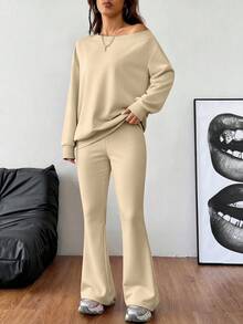 SHEIN EZwear 女式春夏基本款针织纯灰色宽松露肩不对称领口长袖运动衫和喇叭裤健身套装 - 杏色 - 查看 4