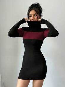 Selianne Color Block Turtleneck Sweater Dress, Fitted & Elegant, Autumn - Red - View 7