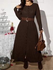 SHEIN LUNE Damen Große Größen Herbst und Winter Lässig Enges Basis Langes Kleid mit Knopfverschluss und Schlitzschlitz Langarm Langes Kleid - Braun - Übersicht 4