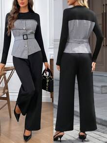 SHEIN LUNE 2pcs/Set Women Casual Batwing Sleeve Ribbed Contrast Trim Skirt & Top Set - Black - View 3