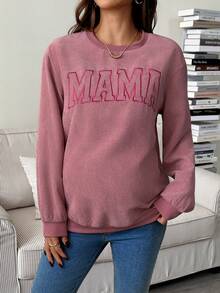SHEIN Autumn And Winter Maternity Casual Commuter Letter Embroidery Sweatshirt Ribbed Long Sleeve Top Pullover For Women Women Long Sleeve Top Mama Sweatshirt Women Sweatshirt - Pink - View 3