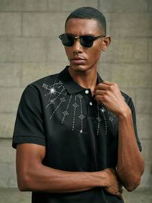 AKNOTIC Fashionable Half-Zip Short Sleeve Rhinestone Embellished Polo Shirt, Versatile For Summer - Black - View 2