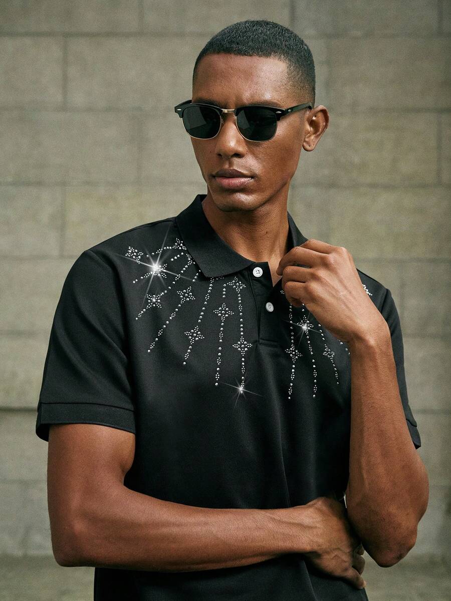 AKNOTIC Fashionable Half-Zip Short Sleeve Rhinestone Embellished Polo Shirt, Versatile For Summer