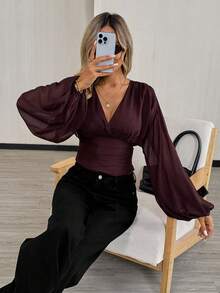 Easowa 复古褶皱灯笼袖抽绳露背蝴蝶结安哥拉红网眼T恤，休闲宽松优雅OL风，秋冬款 - 紅色 - 查看 1