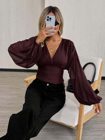 Easowa Vintage rynkad lanternärm, veckad dragsko i midjan, rygglös rosett, angoraröd mesh-t-shirt, avslappnad lös och elegant kontorsdamstil, höst/vinter