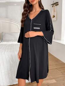SHEIN Contrast Trim Dress With Bell Sleeves, 3/4 Sleeves, Front Pocket, Letter Print Maternity Loungewear Dress, Winter Maternity Sleepwear Maternity Pajama Maternity Dress Maternity Night Gown - Black - View 5
