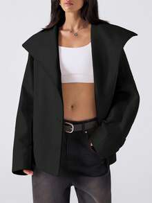 LYSMO 女士纯色长袖单排扣休闲宽松常规外套，秋冬款 - 黑色 - 查看 6