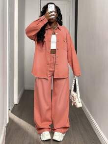 DAZY 女士粉色宽松外套和牛仔裤套装 - 粉色 - 查看 4